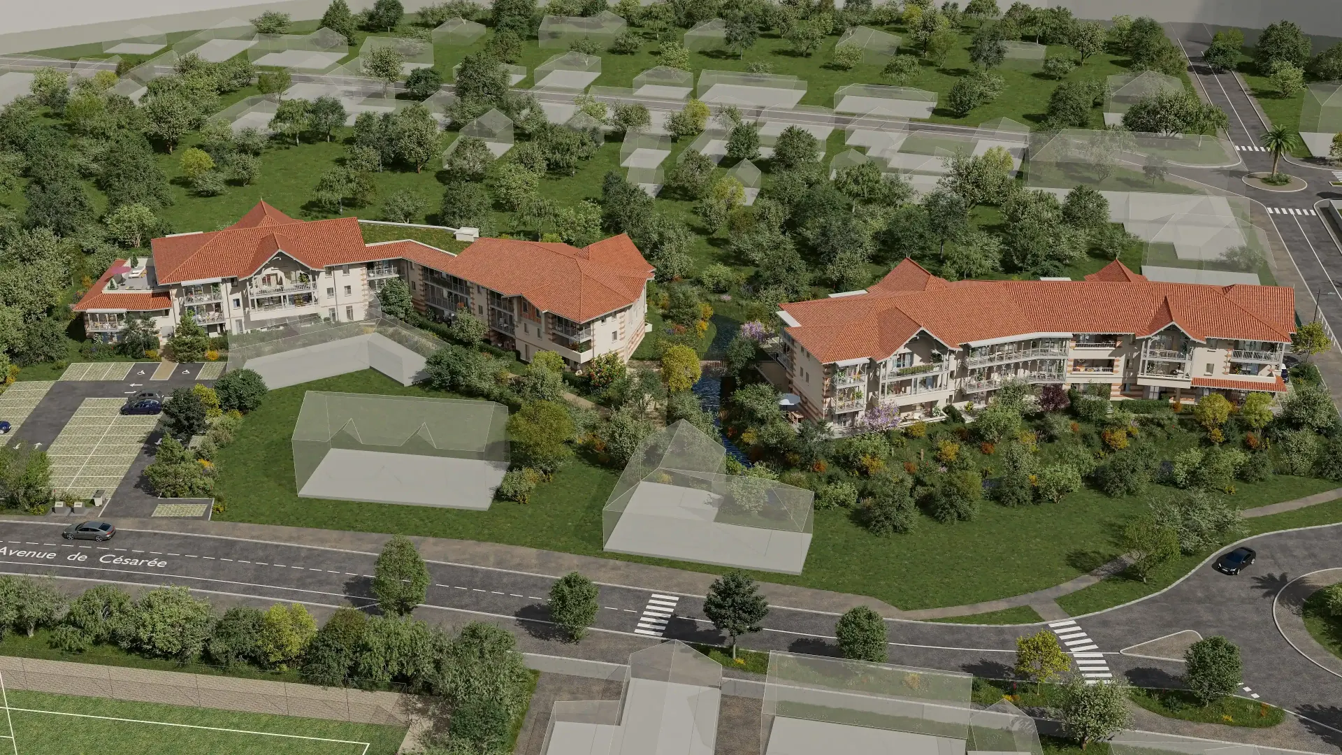 Maquette 3D orbitale d'un programme immobilier vue du ciel